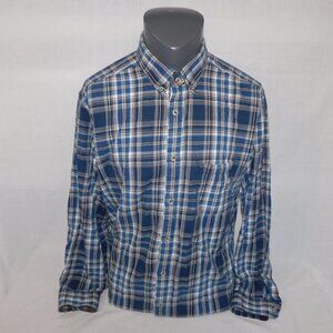 Eddie Bauer Mens L Blue White Plaid Button Front Relaxed fit Flannel Shirt
